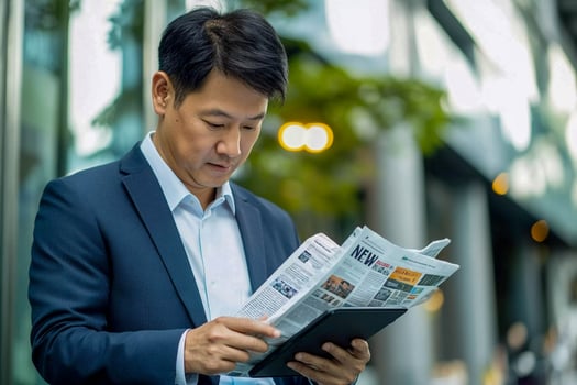 Asian man reading newspaper in city photo