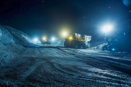 A large truck driving down a snowy road at night photo