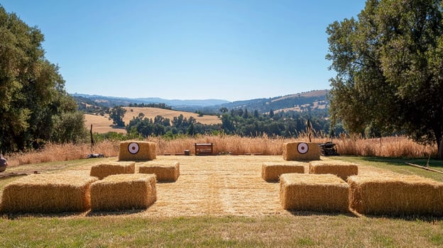 A hay bale field with a barn and trees photo
