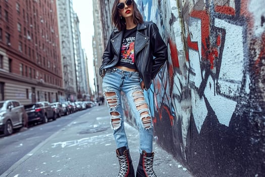 A woman in ripped jeans and a leather jacket standing on a city street photo