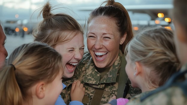 A woman in military uniform is laughing with children photo