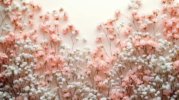Delicate arrangement of pink and white flowers creating a serene wall backdrop in a soft light setting photo