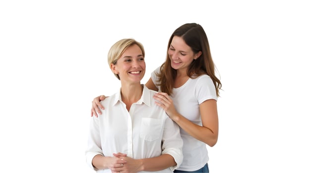 Two women smiling and hugging each other photo