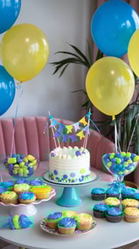 A table with cupcakes, cakes and balloons photo