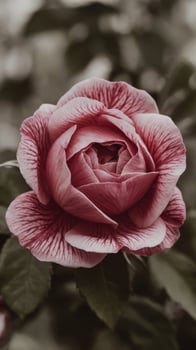 A close up of a pink rose with leaves photo