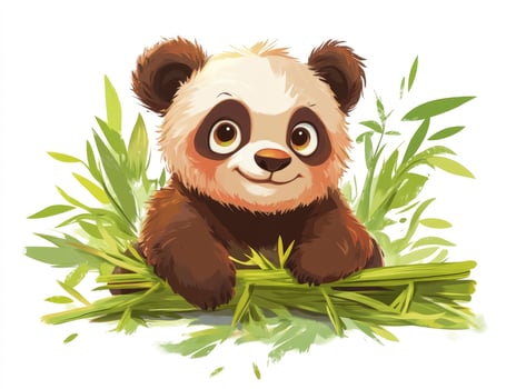 Cute Panda Cub Portrait with Bamboo Leaves in Watercolor Style photo