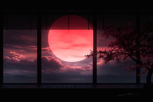 Vibrant Red Moon Rises Over Tranquil Landscape Seen From a Serene Room. photo