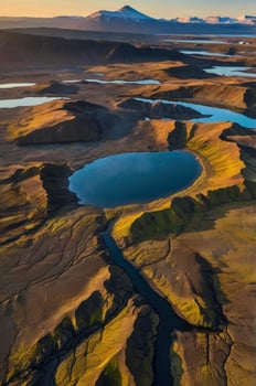 Aerial View of Icelandic Highlands with Lake and Snow-capped Mountain photo