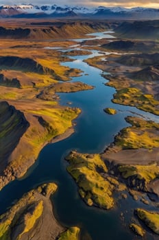 Aerial View of River Flowing Through Iceland Landscape with Mountains photo