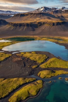 Aerial View of Iceland Landscape with Lakes and Snowy Mountains photo