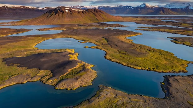 Aerial View of Iceland's Volcanic Landscape with Waterways and Snow-capped Mountains photo