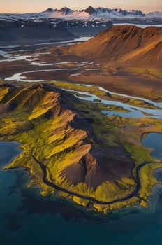 Aerial View of Icelandic Highlands Landscape with River and Mountains photo