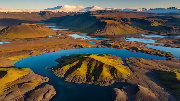 Aerial View of Rugged Iceland Landscape with Mountains and River photo