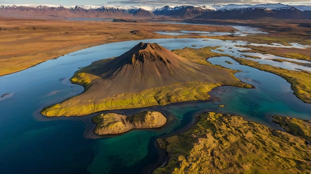 Aerial View of Iceland's Mountain Landscape with River and Golden Sunlight photo