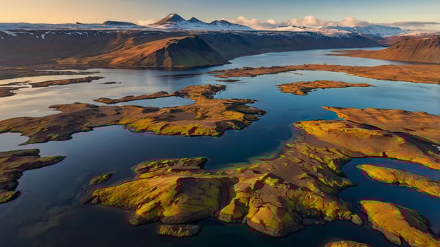 Aerial View of Icelandic Landscape with Lake and Mountains During Sunrise photo