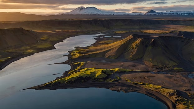 Aerial View of Dramatic Icelandic Landscape with River and Snow Capped Mountains photo