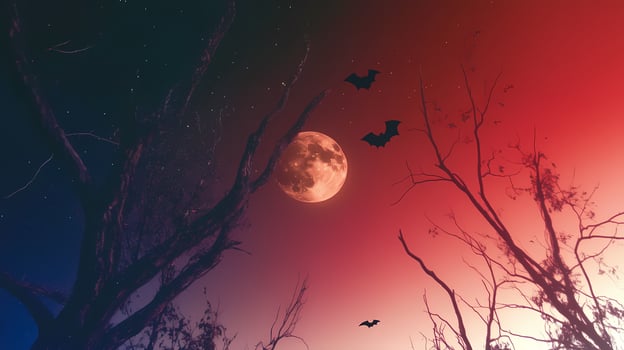 Full Moon Rises Over Dark Forest With Bats Flying at Night. photo