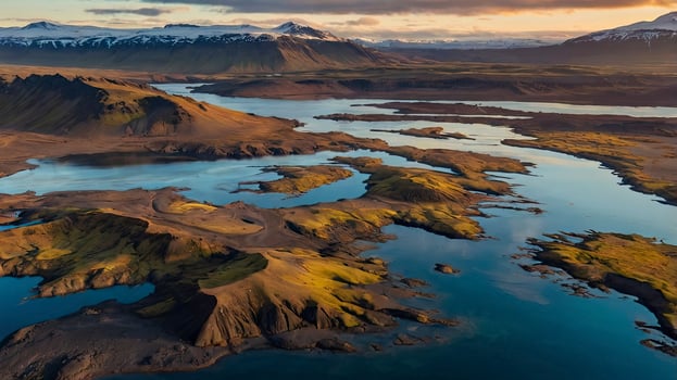 Aerial View of Iceland Landscape with Winding River and Snow Mountains photo