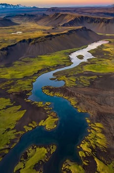 Aerial View of River Flowing Through Green and Brown Icelandic Landscape photo