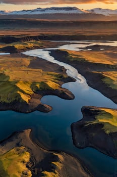Aerial View of Iceland River Landscape with Mountain Background at Dusk photo