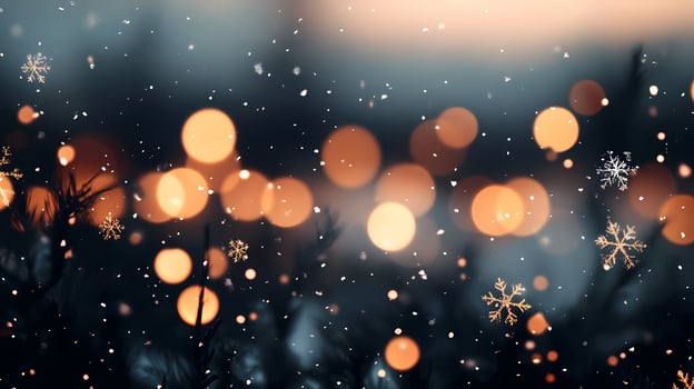 Winter Wonderland With Glowing Lights and Falling Snowflakes at Dusk. photo