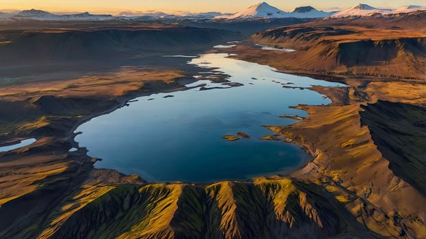 Aerial View of Lake and Mountains Landscape in Iceland at Sunrise photo