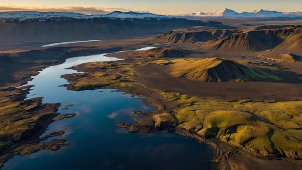 Aerial View of River Flowing Through Icelandic Highlands Landscape Scenery photo
