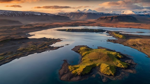Aerial View of Icelandic Landscape with Lake and Distant Snowy Mountains photo