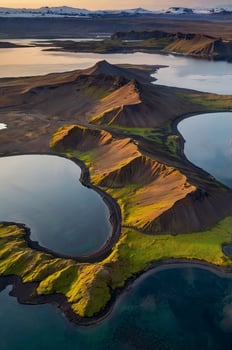 Aerial View of Iceland's Peninsula with Lakes and Green Moss Covered Hills photo