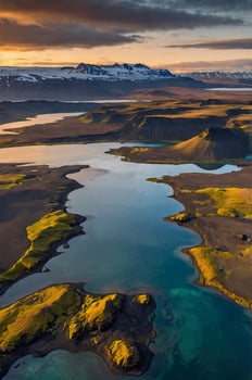 Aerial View of Iceland Landscape with River and Snow-capped Mountains photo