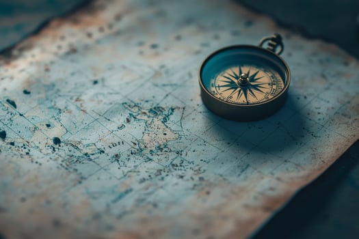 Compass resting on an ancient map in twilight photo