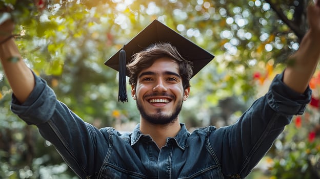 Student tossing cap in celebration, sunny outdoor setting with clear sky and empty text space photo