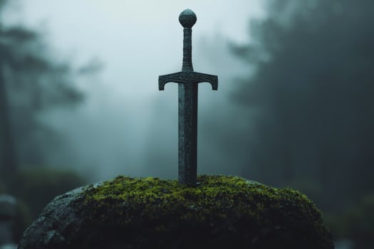 Mystical sword resting on a mossy stone altar photo