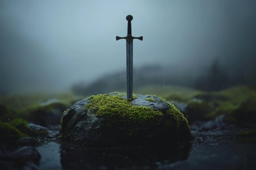 Ancient sword rests in tranquil misty setting photo