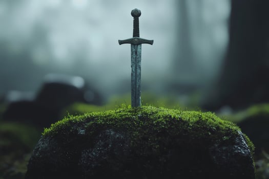 Sword in mossy rock in mysterious forest photo