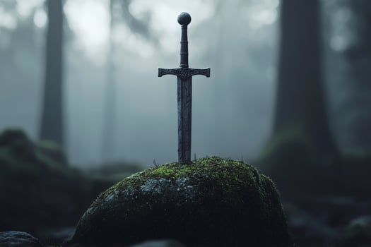 Mystical sword resting on a mossy stone photo