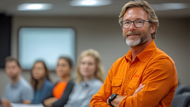 Engaged leader interacting with employees during team-building session in a spacious office, wide angle, realistic, with copy space photo