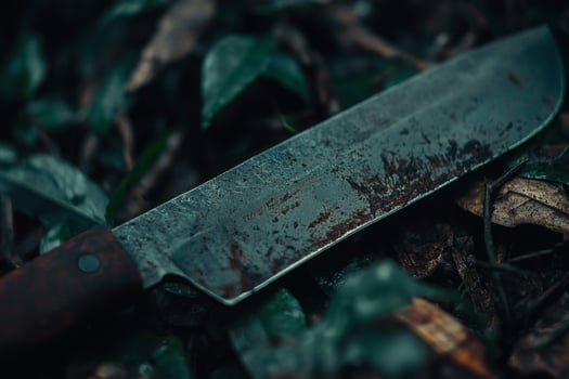 Rusty blade resting among dripping foliage photo