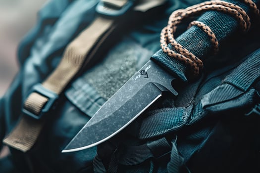 Rugged knife resting on camping gear in nature photo