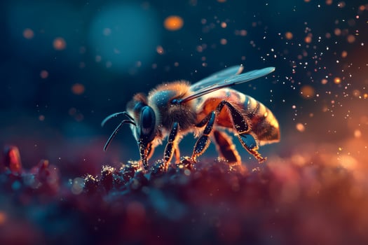 Honey bee collects nectar in golden light photo