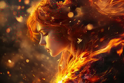 Fiery Woman with Autumn Leaves, Dramatic Art, Fantasy Character Portrait photo