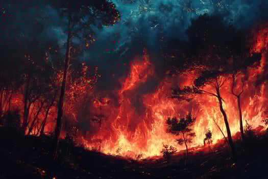 Forest Engulfed by Flames a Dramatic Wildfire Burning Through Trees photo