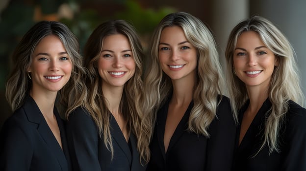 Women in business attire smiling and supporting each other in a corporate setting, gender equality in the workplace, 8K high resolution with copy space photo