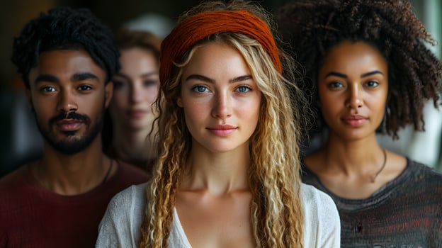Portrait of people from different ethnic backgrounds standing together in solidarity, strong and inspiring expressions, 8K high resolution with copy space photo