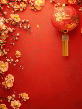 Celebrating Chinese New Year Red Lantern and Blossoms Festive Background photo