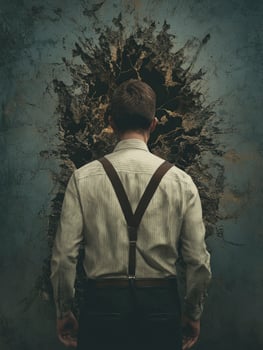 Man Facing a Dark Opening in a Wall with Brown Suspenders photo