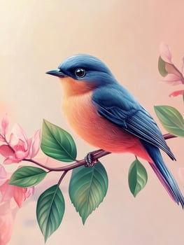 Bluebird Perched on Branch with Flowers and Leaves Illustration Style photo