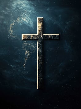 Christian Cross Symbol Against Deep Space Background with Golden Light photo