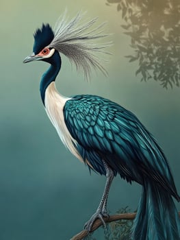 Elegant Crowned Crane Bird Perched on Branch with Detailed Feather Texture photo