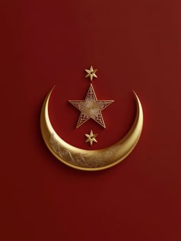 Golden Crescent Moon and Stars on Red Background for Islamic Holidays photo